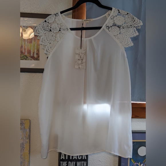 NWT andthewhy Lace Embroidered Sleeves White Sheer Top SZ Large Very 😍 - Picture 8 of 8